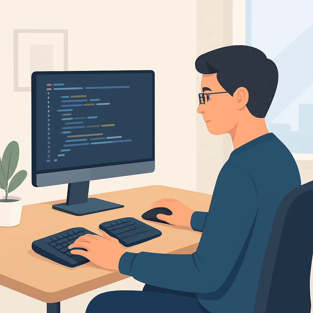 Modern bir ev ofisinde split ergonomik klavye ve dikey fare kullanan geliştirici