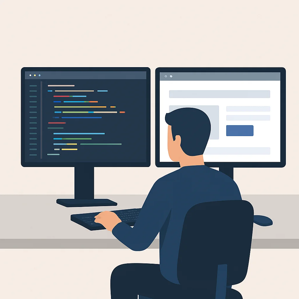 Birden fazla monitörle çalışan geliştirici, bir ekranda kod düzenleyici, diğerinde canlı web önizlemesi.