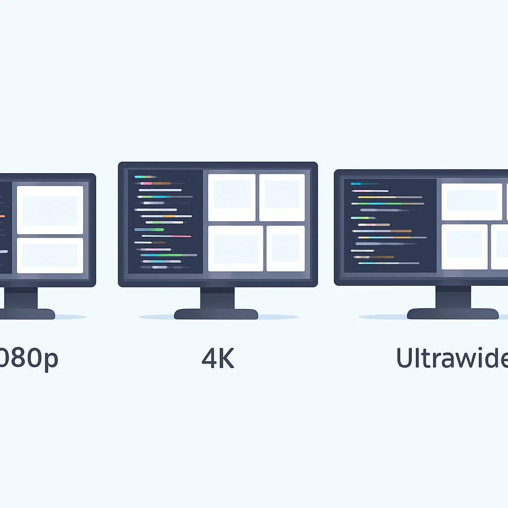 1080p, 4K ve Ultra Geniş monitörlerin kod ve çoklu uygulama pencerelerini gösterme alan farkını gösteren diyagram.