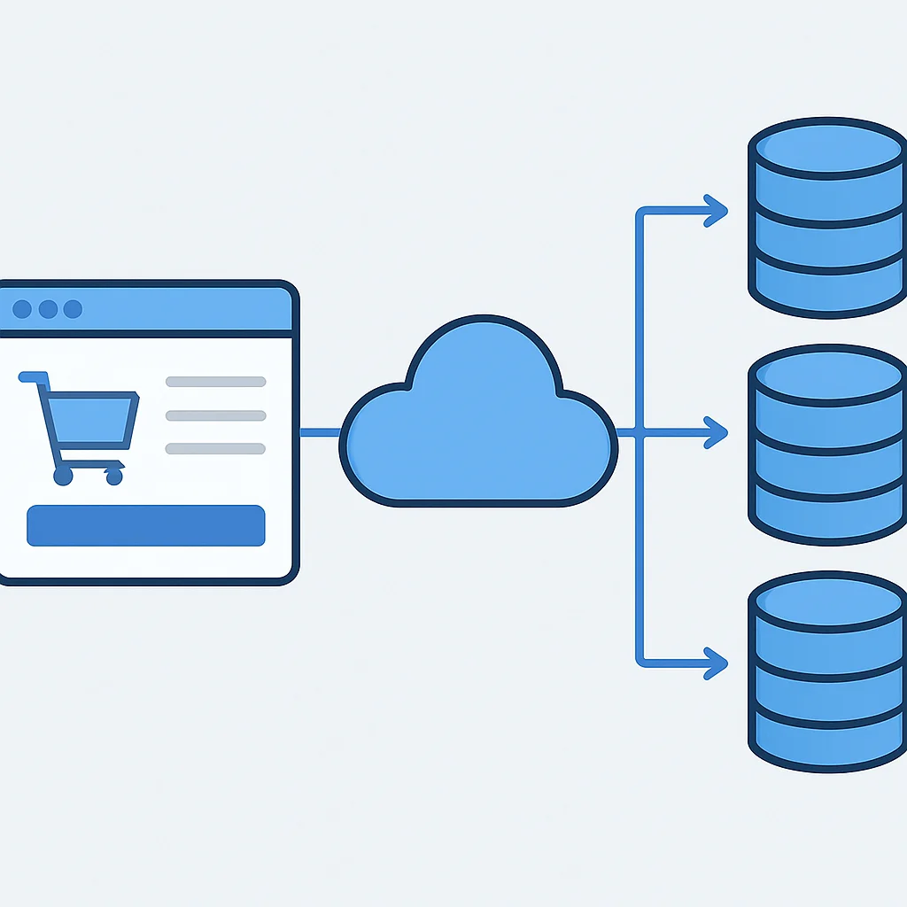 Modern bir e-ticaret platformu için çoklu veritabanı mimarisi diyagramı