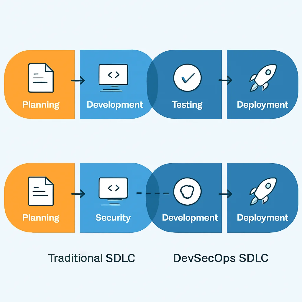 Geleneksel SDLC ve DevSecOps SDLC karşılaştırmalı diyagramı, güvenliğin sola kaydırılmasını gösteriyor