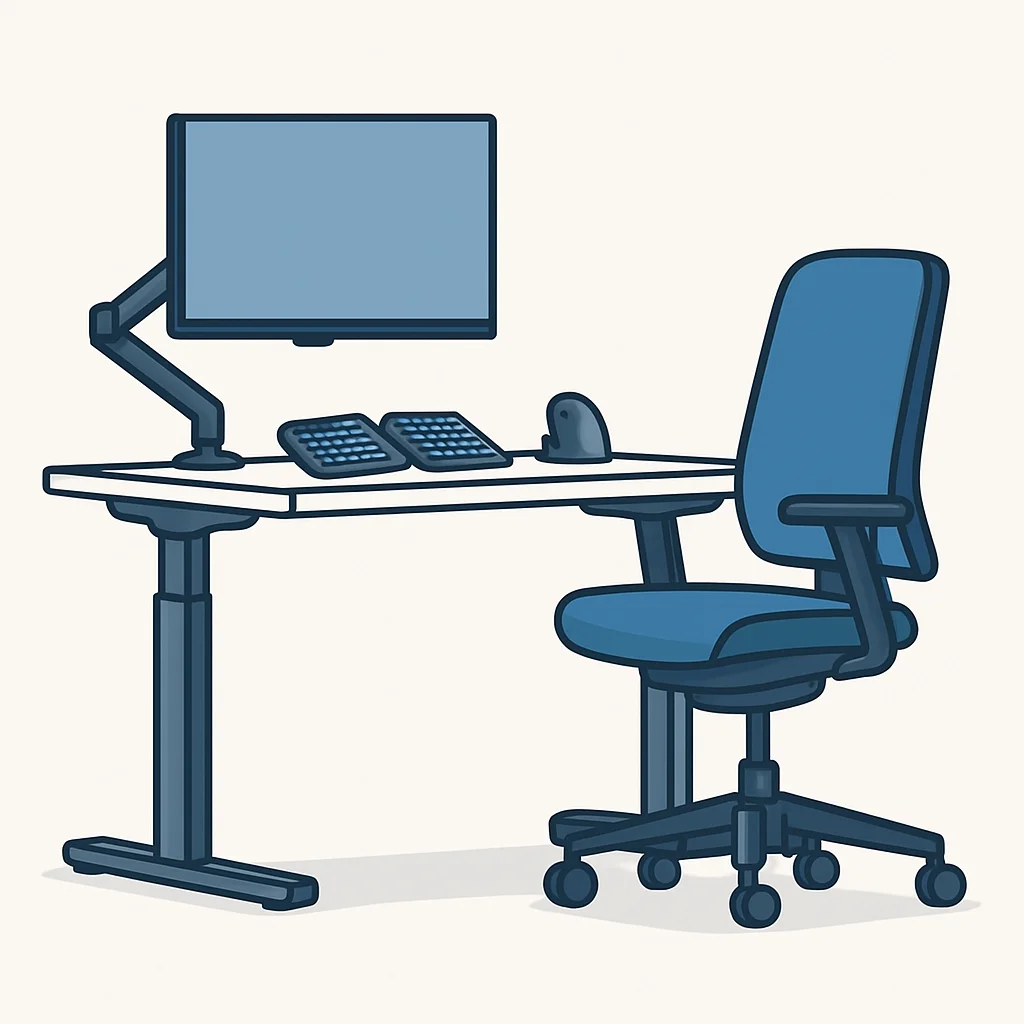 Ayarlanabilir masa, monitör kolları, ergonomik sandalye, ayrık klavye ve dikey fare içeren ergonomik çalışma istasyonu kurulumu