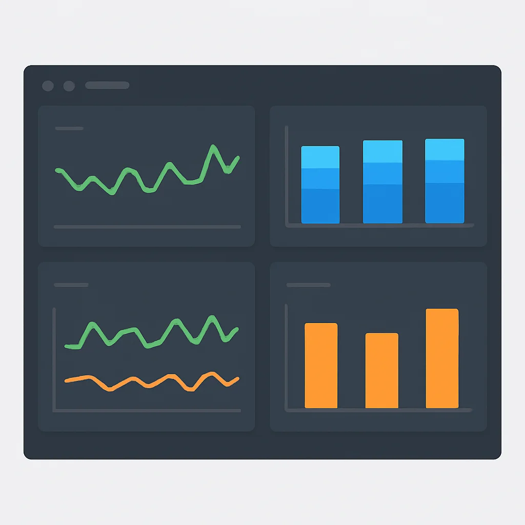 Sistem metriklerini gösteren çeşitli panellere sahip Grafana panosu: CPU, bellek, ağ ve disk G/Ç