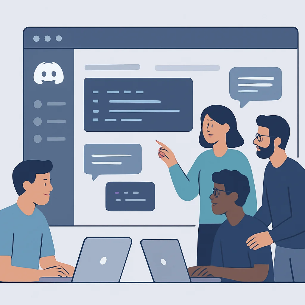 Discord sunucusunda bir proje üzerinde işbirliği yapan bir grup geliştirici, kod parçacıkları ve tartışmalarla