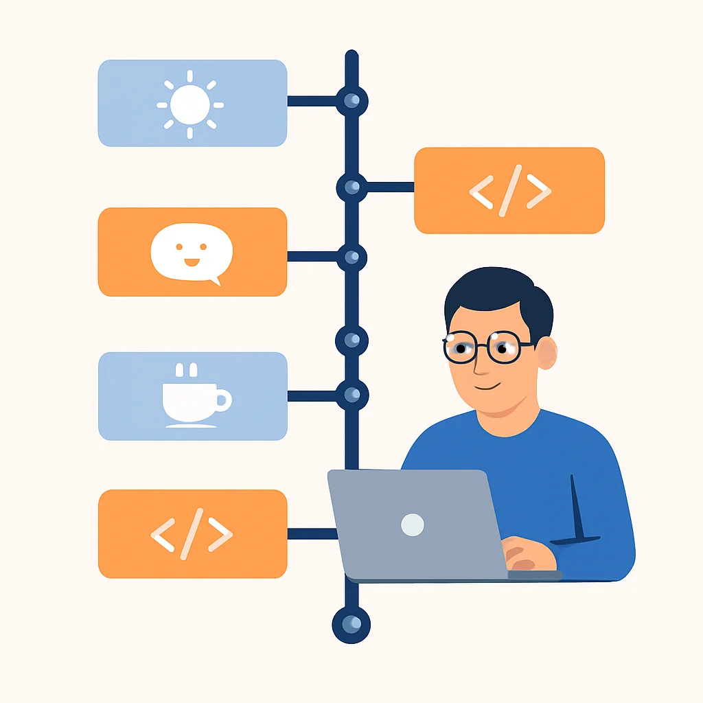 Geliştiricinin günlük programına entegre edilmiş 15 dakikalık dil öğrenimi slotlarını gösteren infografik