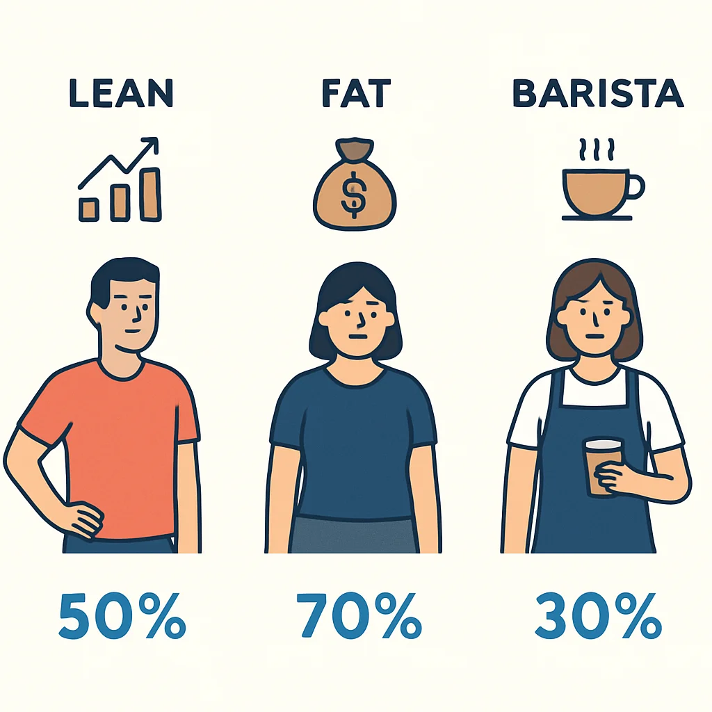 Farklı FIRE türlerini gösteren infografik: Lean, Fat, Barista FIRE yaşam tarzları ve tasarruf oranları