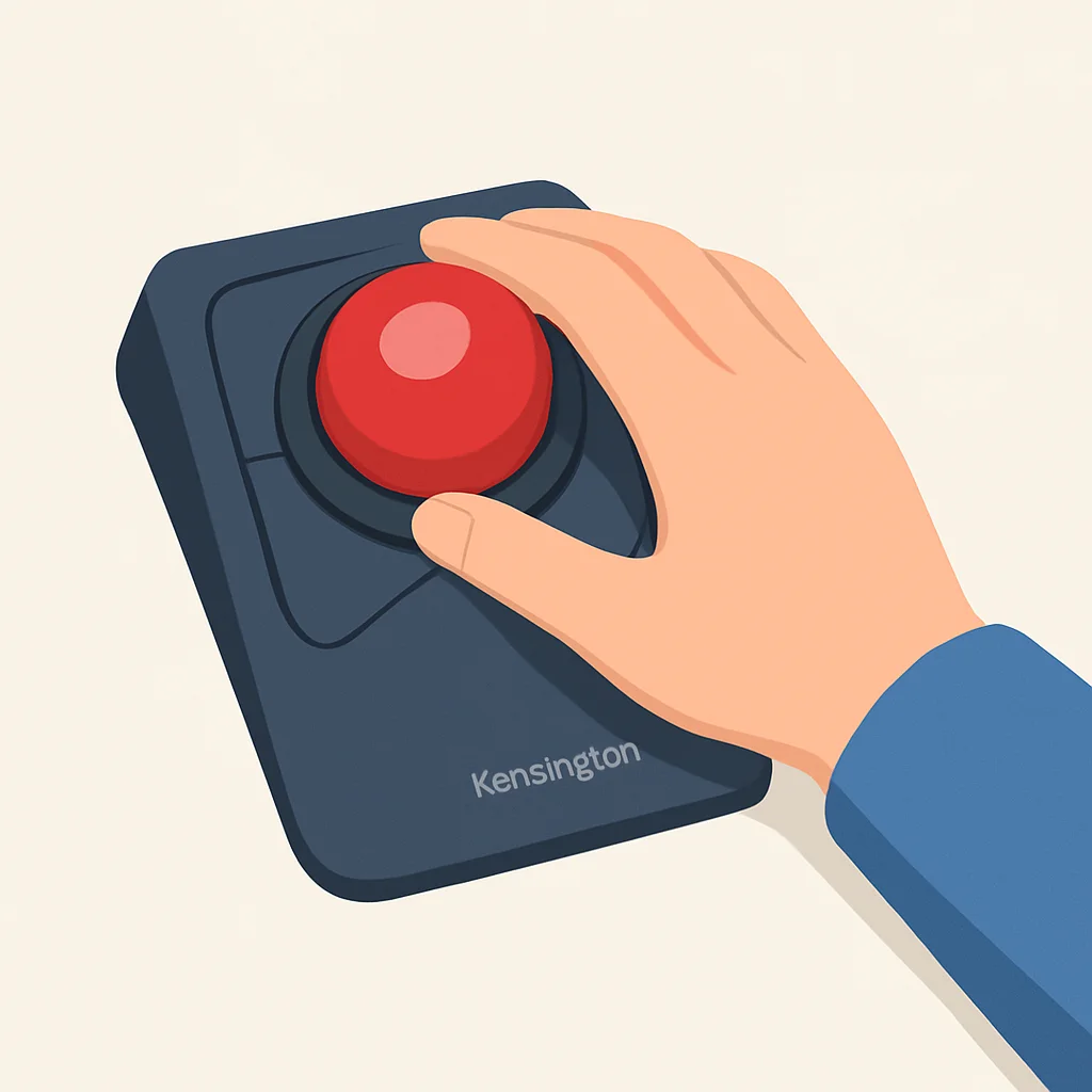 Bir geliştiricinin elinin üzerinde durduğu Kensington Expert Mouse Kablosuz Trackball
