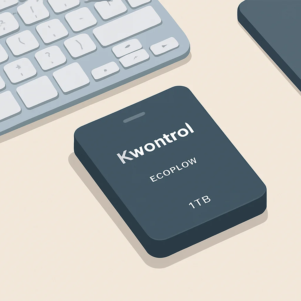 Kwontrol EcoFlow 1TB taşınabilir SSD, kompakt ve minimalist tasarım, bir geliştiricinin masasında klavye yanında duruyor