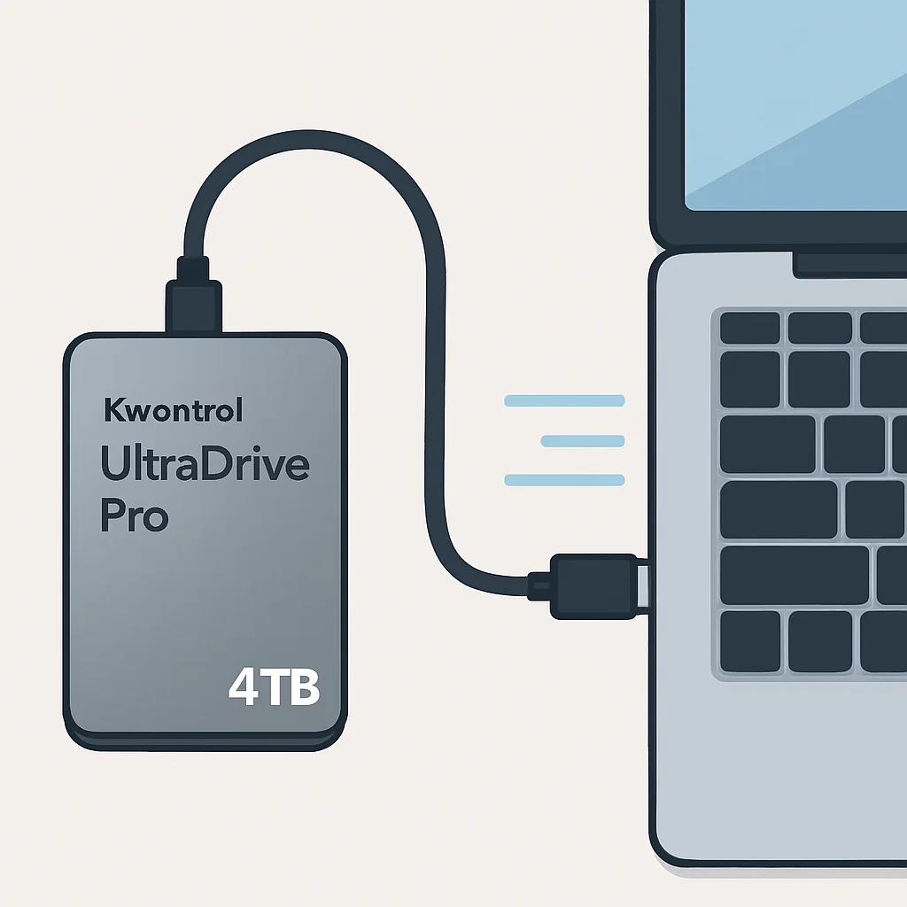 Kwontrol UltraDrive Pro 4TB taşınabilir SSD, şık metalik tasarım, USB-C ile dizüstü bilgisayara bağlı, hızlı veri aktarımı gösteriyor