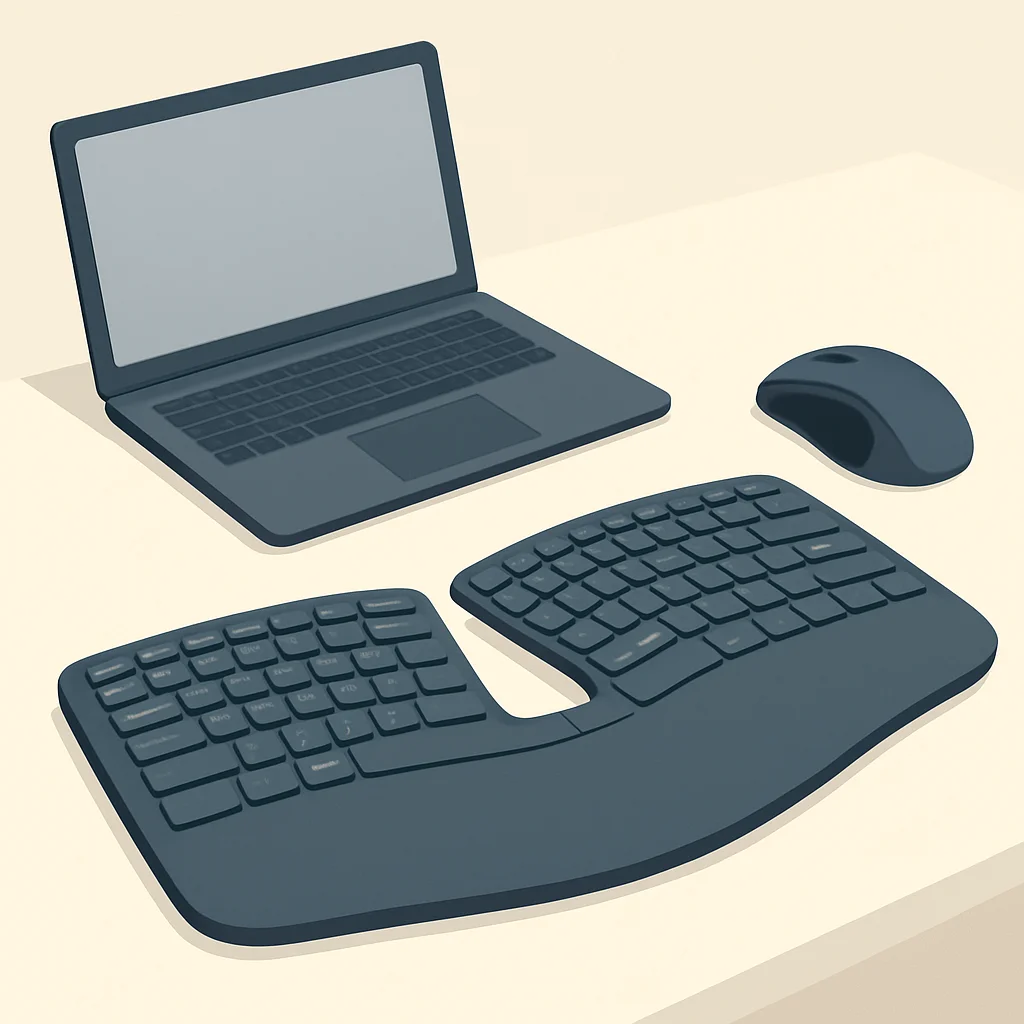 Bir dizüstü bilgisayar ile masa üzerinde Microsoft Sculpt Ergonomic Klavye ve fare seti
