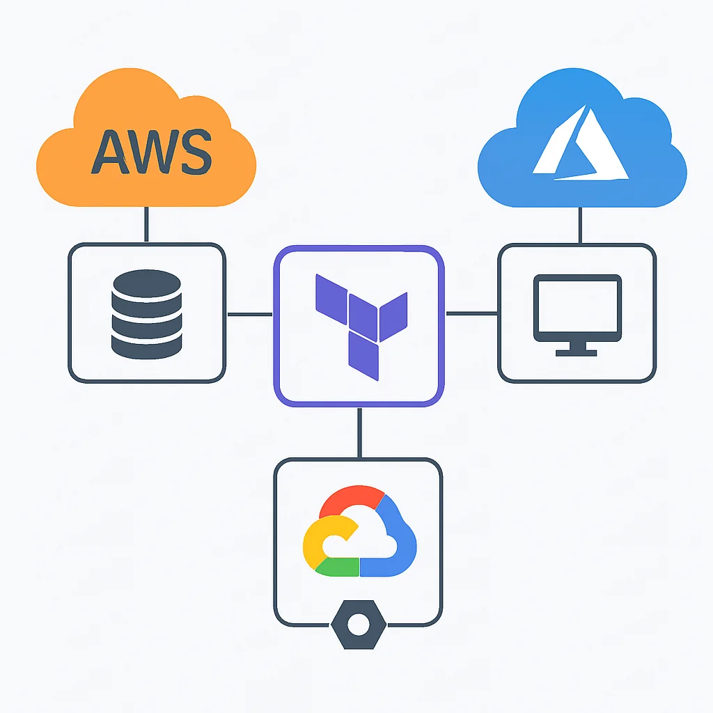 AWS, Azure ve GCP kaynaklarının merkezi bir Terraform örneği tarafından yönetildiği çoklu bulut altyapısı diyagramı
