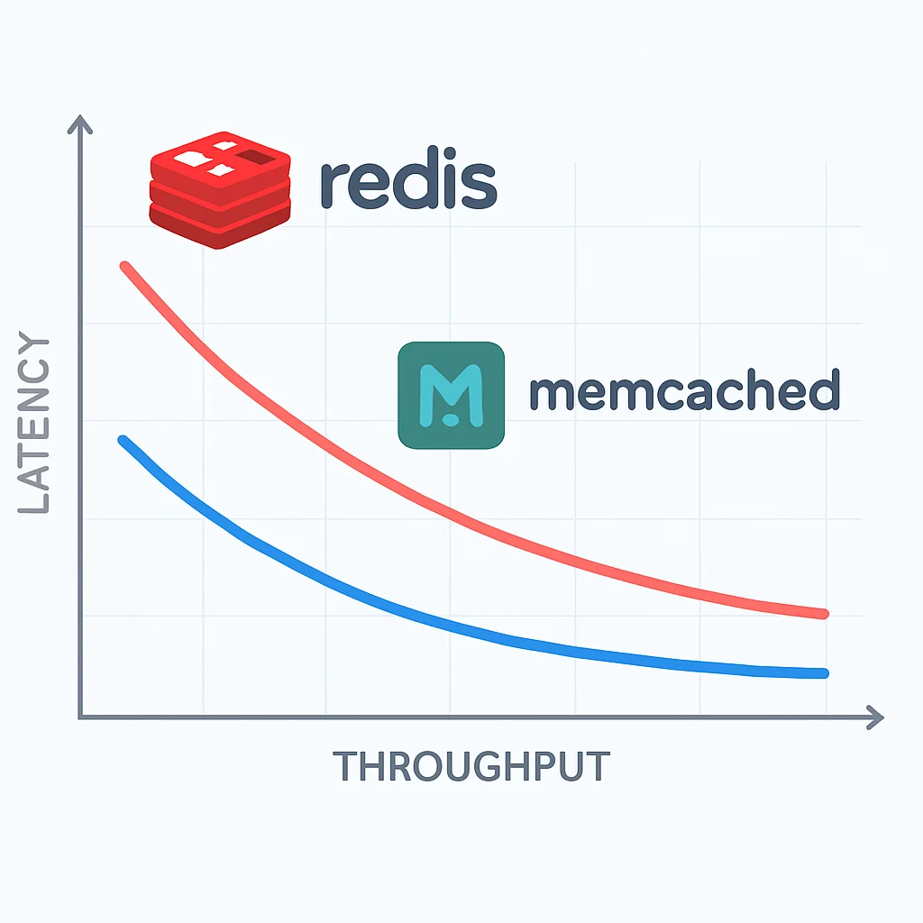 Redis ve Memcached'in gecikme süresi ve işlem hacmini gösteren performans karşılaştırma grafiği