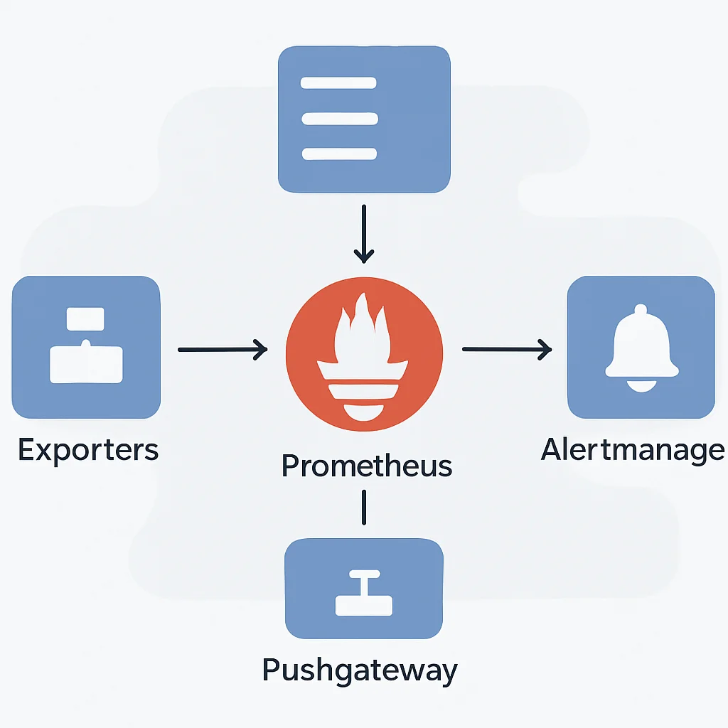 Prometheus mimarisi diyagramı: sunucu, exporter'lar, pushgateway, alertmanager ve servis keşfi bileşenleri