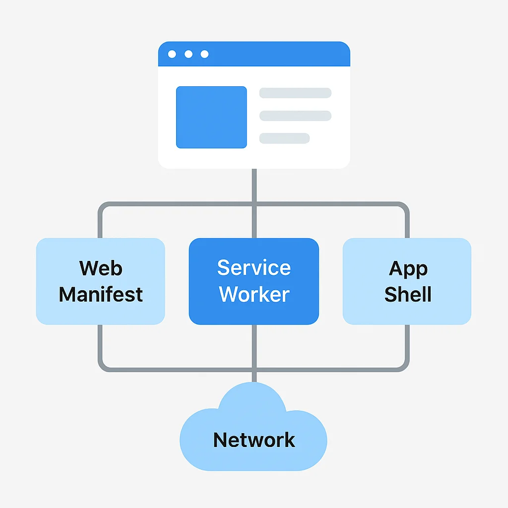 PWA mimarisi diyagramı: Web Manifest, Service Worker ve Uygulama Kabuğu'nun tarayıcı ve ağ ile etkileşimi