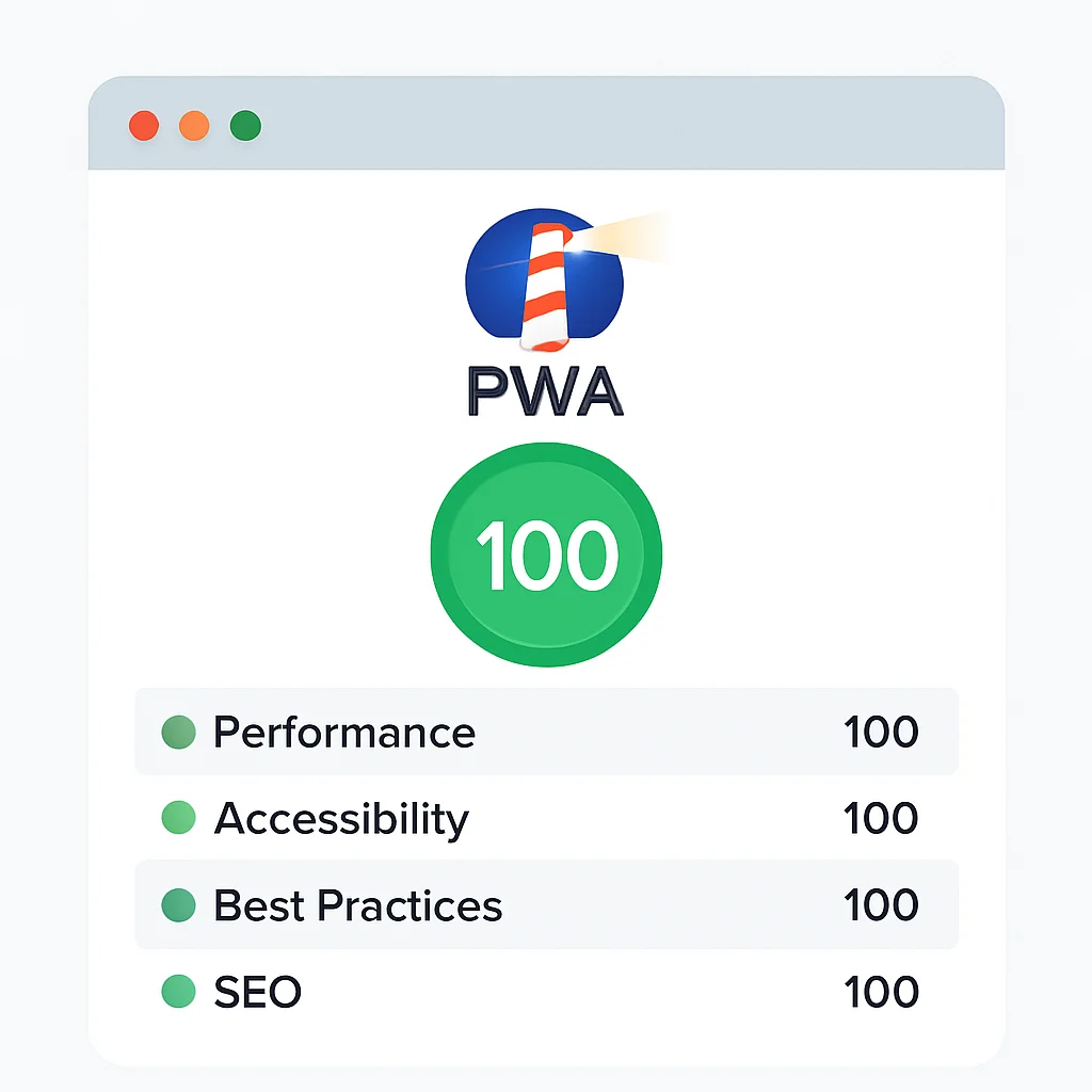 Yüksek performans metriklerine sahip bir Google Lighthouse PWA denetim puanının ekran görüntüsü