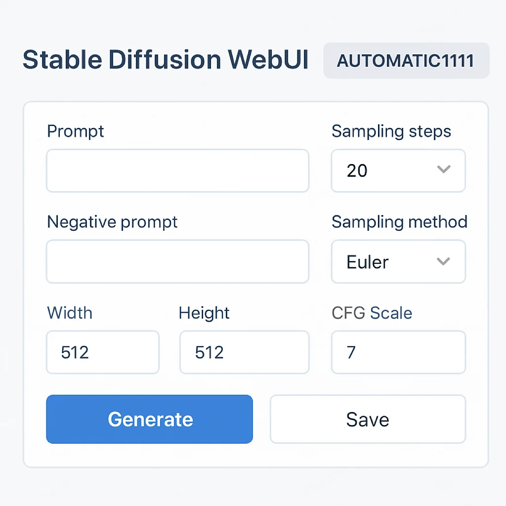 Stable Diffusion WebUI (AUTOMATIC1111) ekran görüntüsü, prompt ve negatif prompt giriş alanları ile çeşitli parametreleri gösteriyor