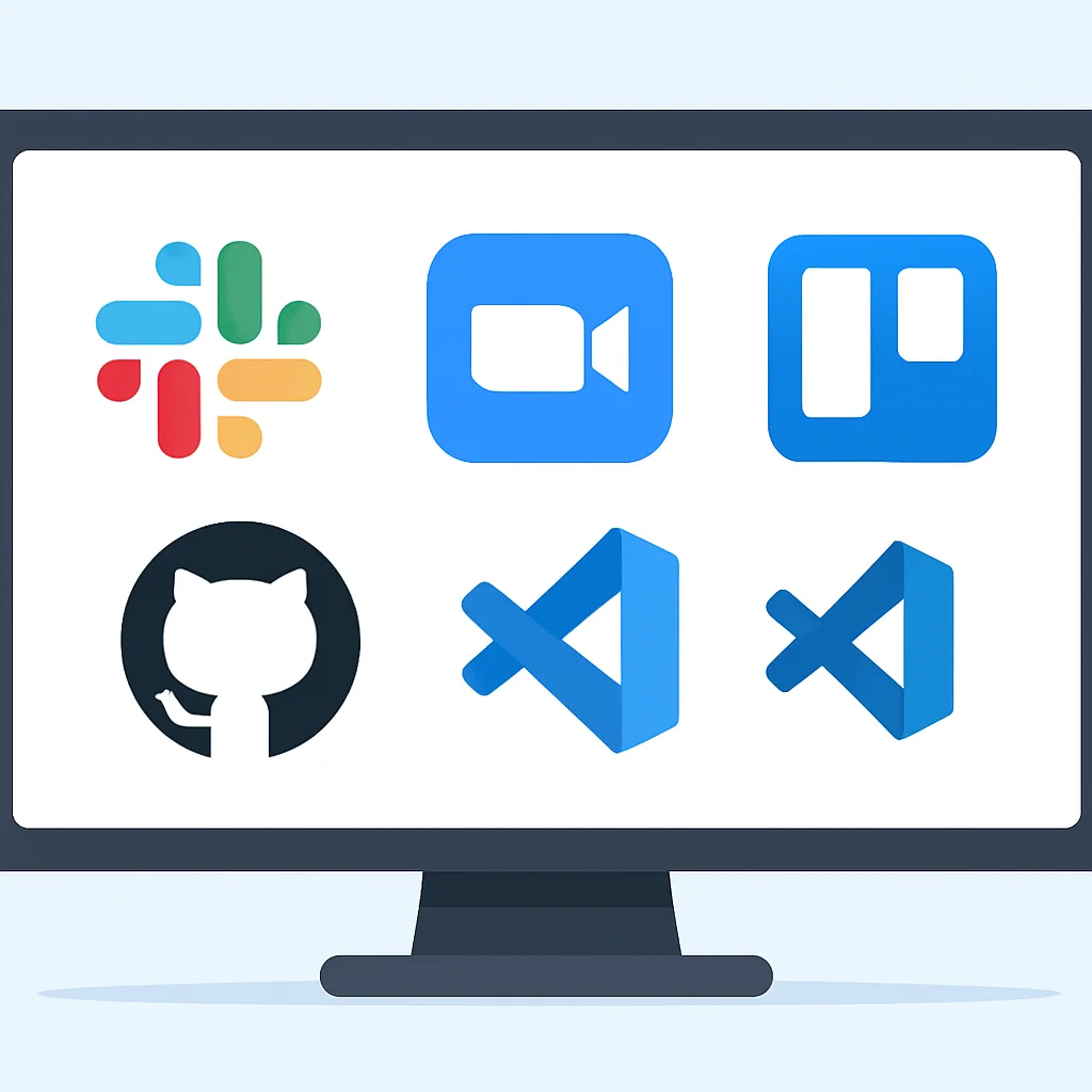 Ekranda çeşitli uzaktan çalışma araçları ikonları: Slack, Zoom, Trello, GitHub, VS Code