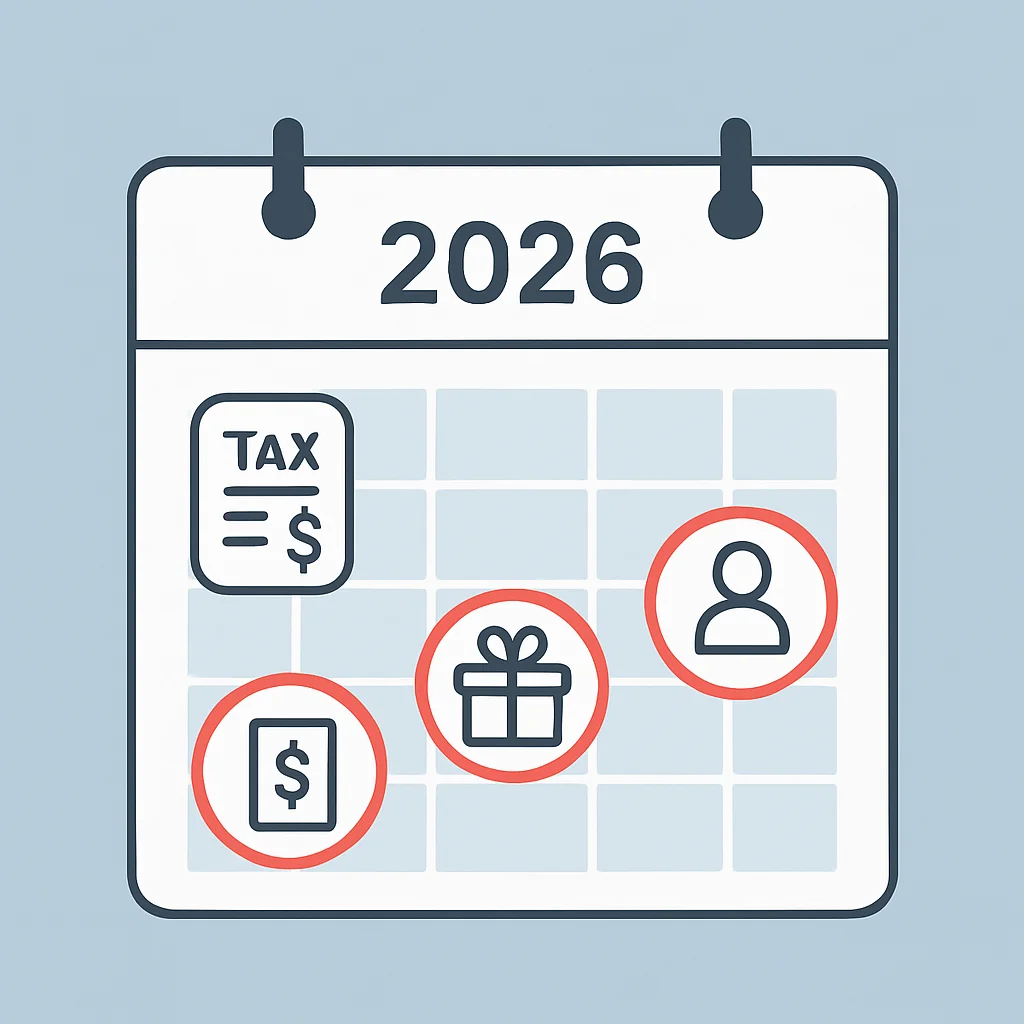 2026 yılı için önemli vergi tarihlerini gösteren takvim ve vergi beyannamesi ikonları