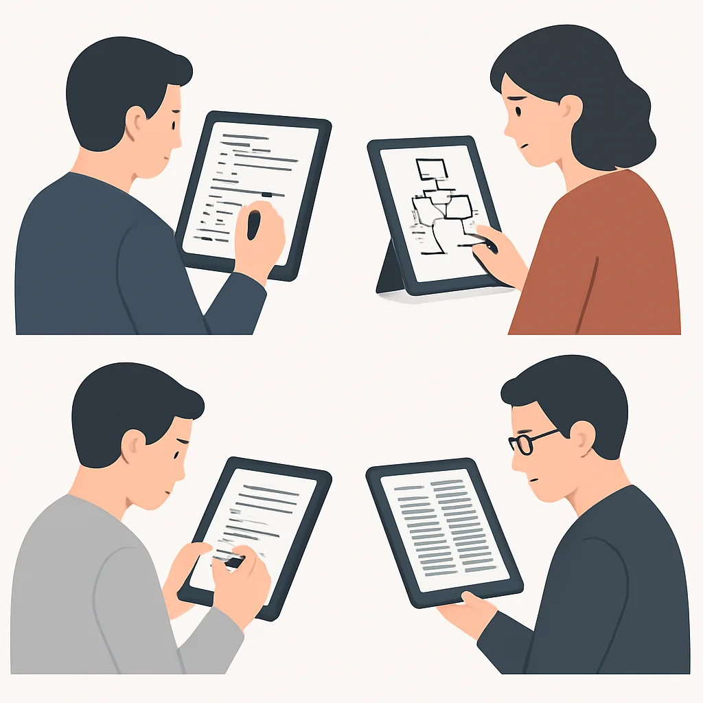 Geliştiricilerin farklı E-Ink tabletleri kod notları, diyagram çizimi, teknik kitap okuma gibi çeşitli görevler için kullandığı bir kolaj
