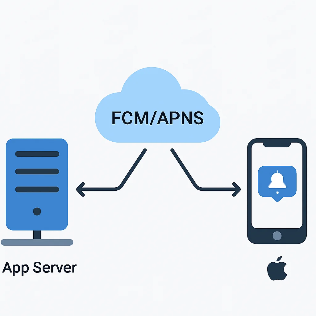 Uygulama sunucusundan FCM/APNS aracılığıyla Android ve iOS cihazlara push bildirim akışını gösteren detaylı mimari diyagramı
