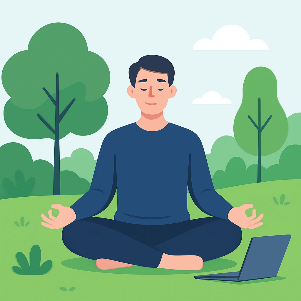Yeşil bir parkta, yanında kapalı bir dizüstü bilgisayarla sakin bir şekilde meditasyon yapan bir geliştirici