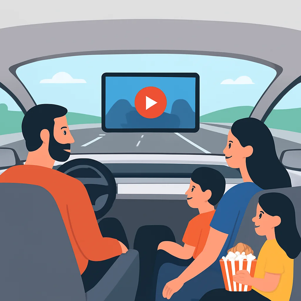 Otoyolda tamamen otonom bir arabanın içinde film izleyen bir aile, dönüşen araç içi deneyimi sergiliyor