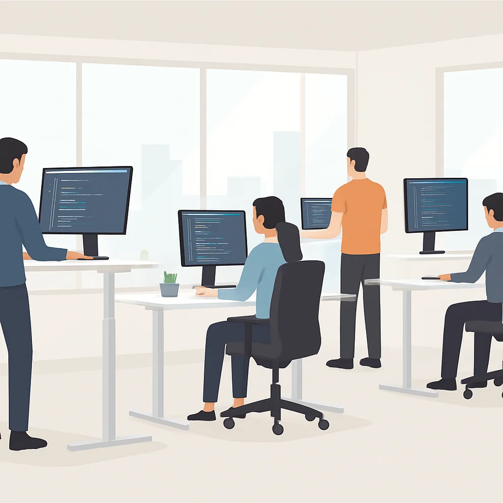 Modern bir ofiste ergonomik ayakta çalışma masaları, büyük monitörler ve konforlu sandalyeler kullanan geliştiriciler. Oda doğal ışıkla aydınlatılmış.