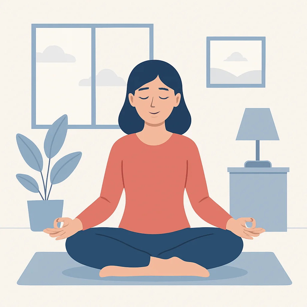 Sakin bir ortamda meditasyon yapan bir kişi, daha iyi uyku için stres azaltma tekniklerini gösteriyor