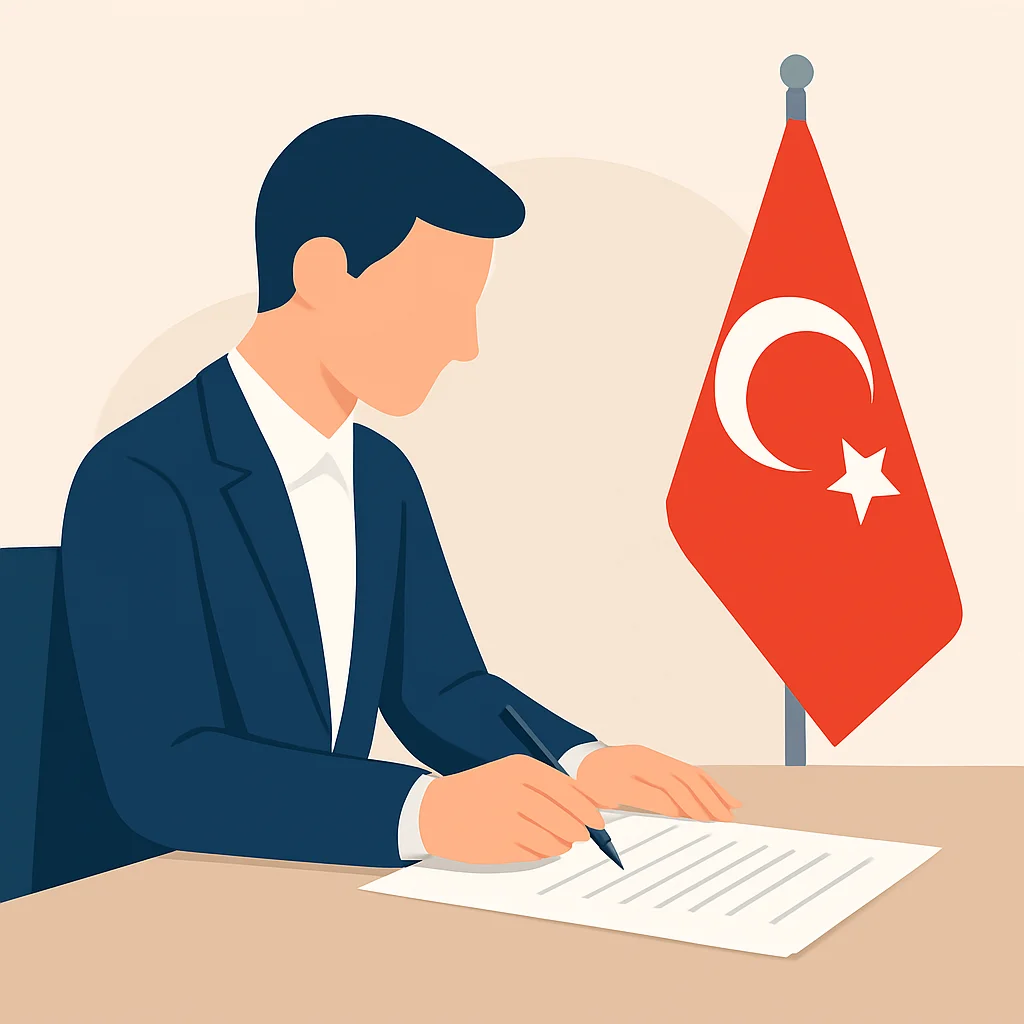 Türkiye bayrağı arka planında bir masada belge imzalayan bir kişi, resmi mülk edinme sürecini sembolize ediyor