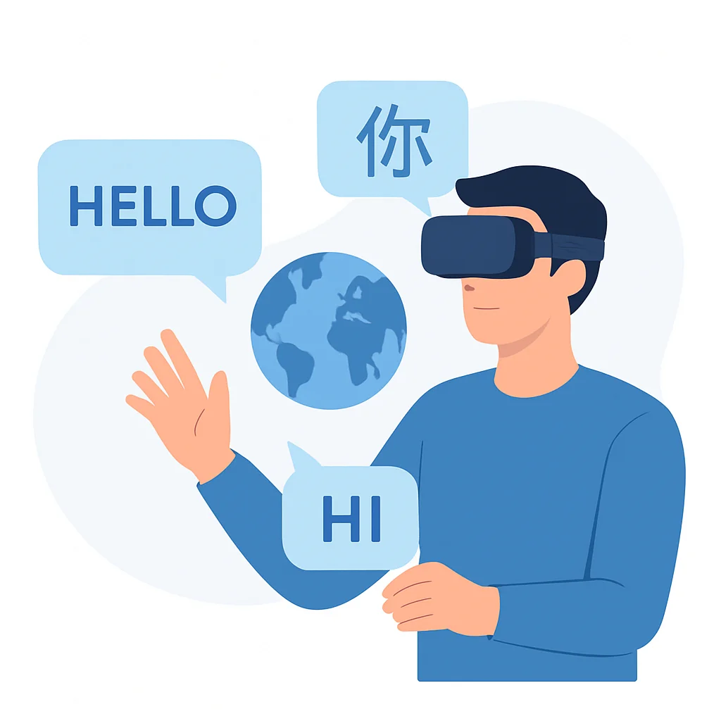 Sanal dil öğrenme ortamında VR başlığı takmış bir kişi