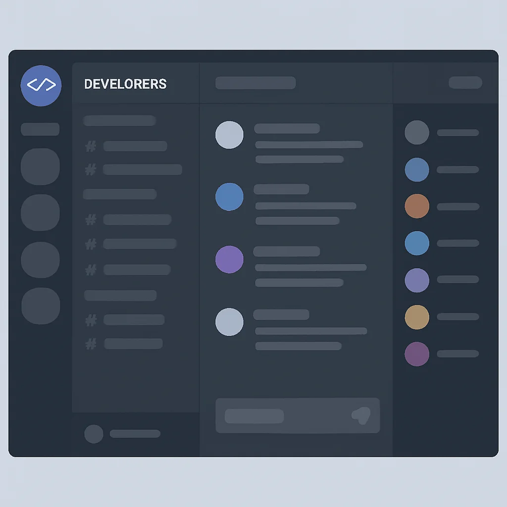 Yabancı dilde konuşmaların olduğu bir geliştirici Discord sunucusunun ekran görüntüsü.