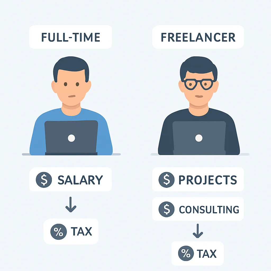 Tam zamanlı çalışan ve freelance geliştiricinin gelir akışlarını ve vergi yükümlülüklerini karşılaştıran görsel