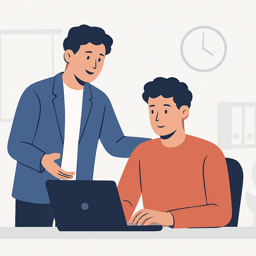Modern bir ofiste, empati ve açık iletişim gösteren bir geliştiriciye destek veren bir takım lideri