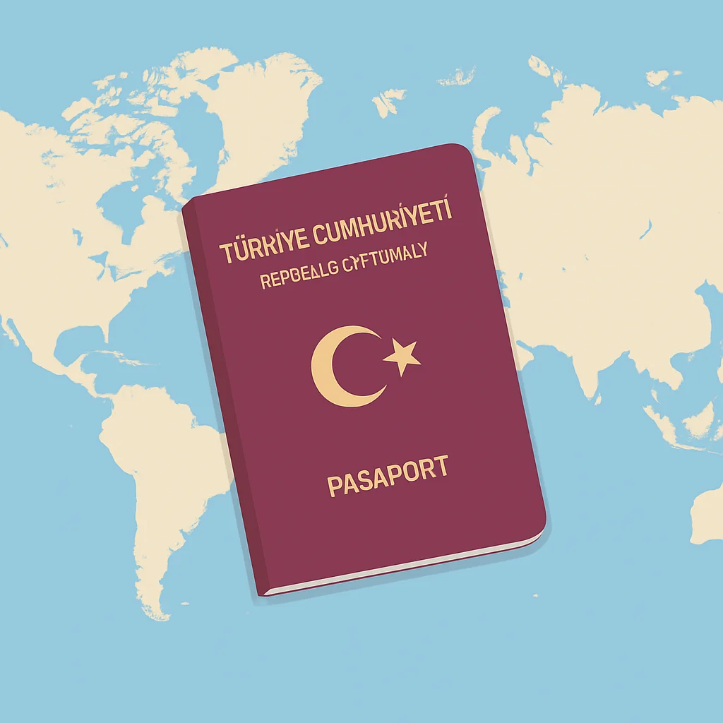 Türk vatandaşlığının yatırım yoluyla sağladığı faydaları sembolize eden, dünya haritası üzerinde duran bir Türk pasaportu