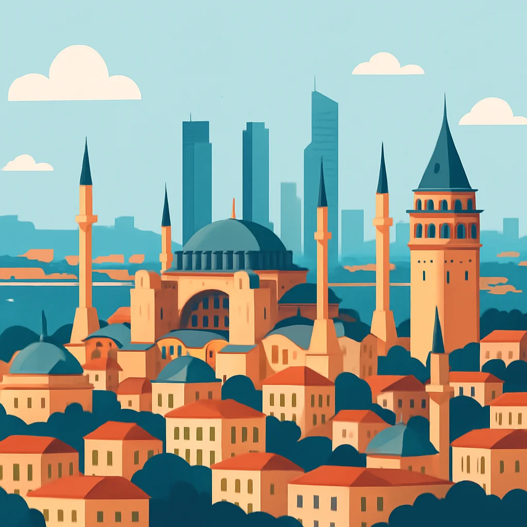İstanbul'un tarihi ve modern binalarının yer aldığı, canlı bir şehir görünümü sunan havadan görünümü