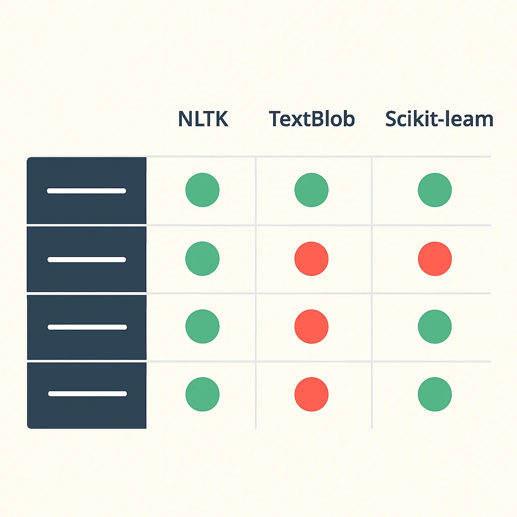 NLTK, TextBlob ve Scikit-learn'in duygu analizi özelliklerini ve performansını karşılaştıran bir grafik