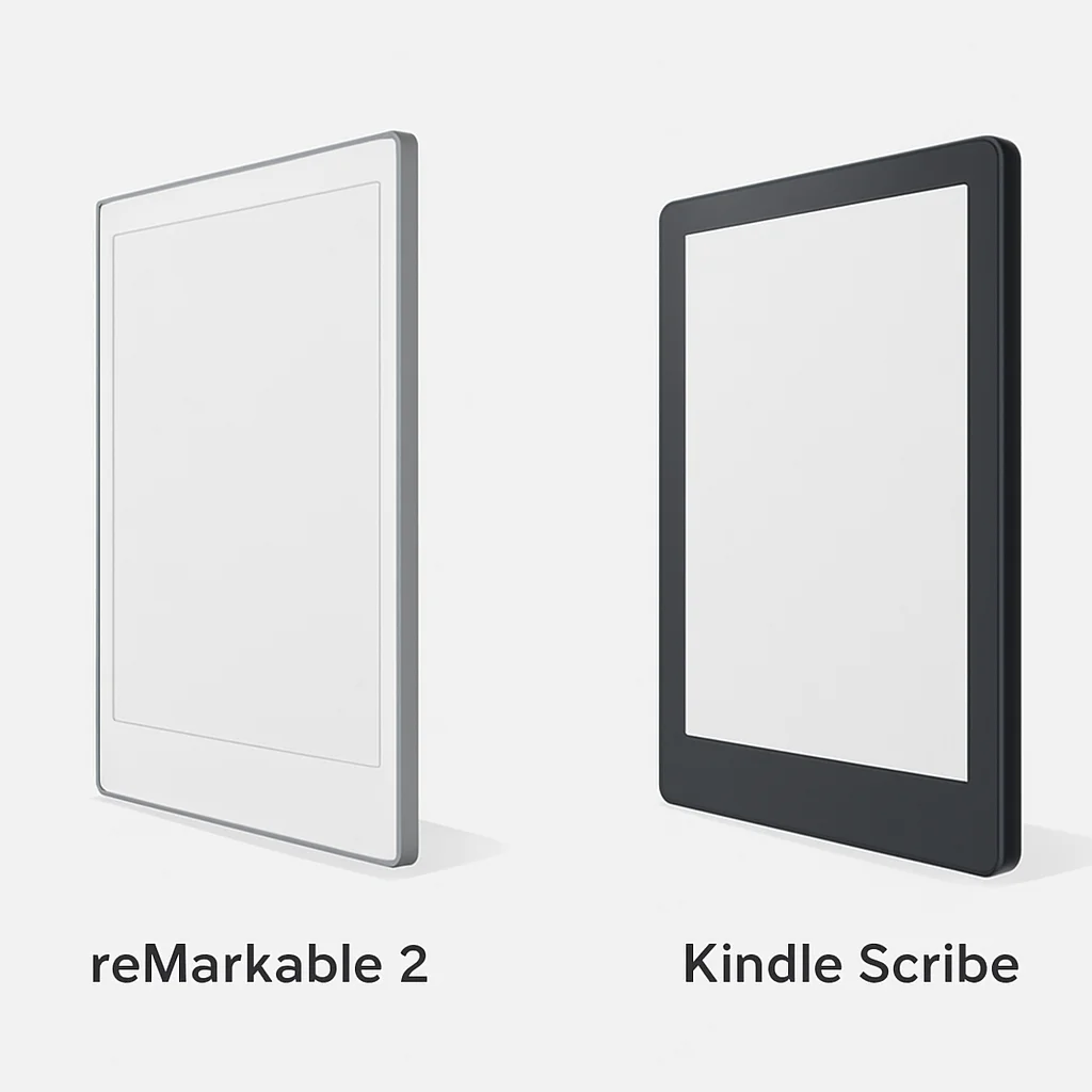 reMarkable 2 ve Kindle Scribe'ın yan yana tasarım ve kalınlık karşılaştırması