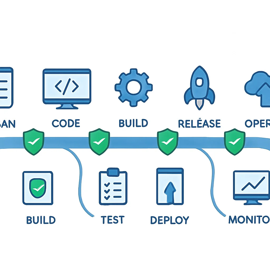 DevSecOps pipeline diyagramı, güvenlik kontrollerinin CI/CD pipeline'ının her aşamasına (planlama, kodlama, derleme, test, yayınlama, dağıtım, işletme, izleme) entegre edildiğini gösteriyor