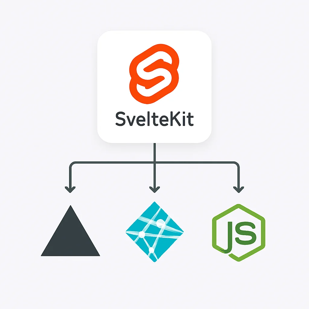 SvelteKit'in farklı dağıtım platformlarıyla (Vercel, Netlify, Node.js) entegrasyon diyagramı