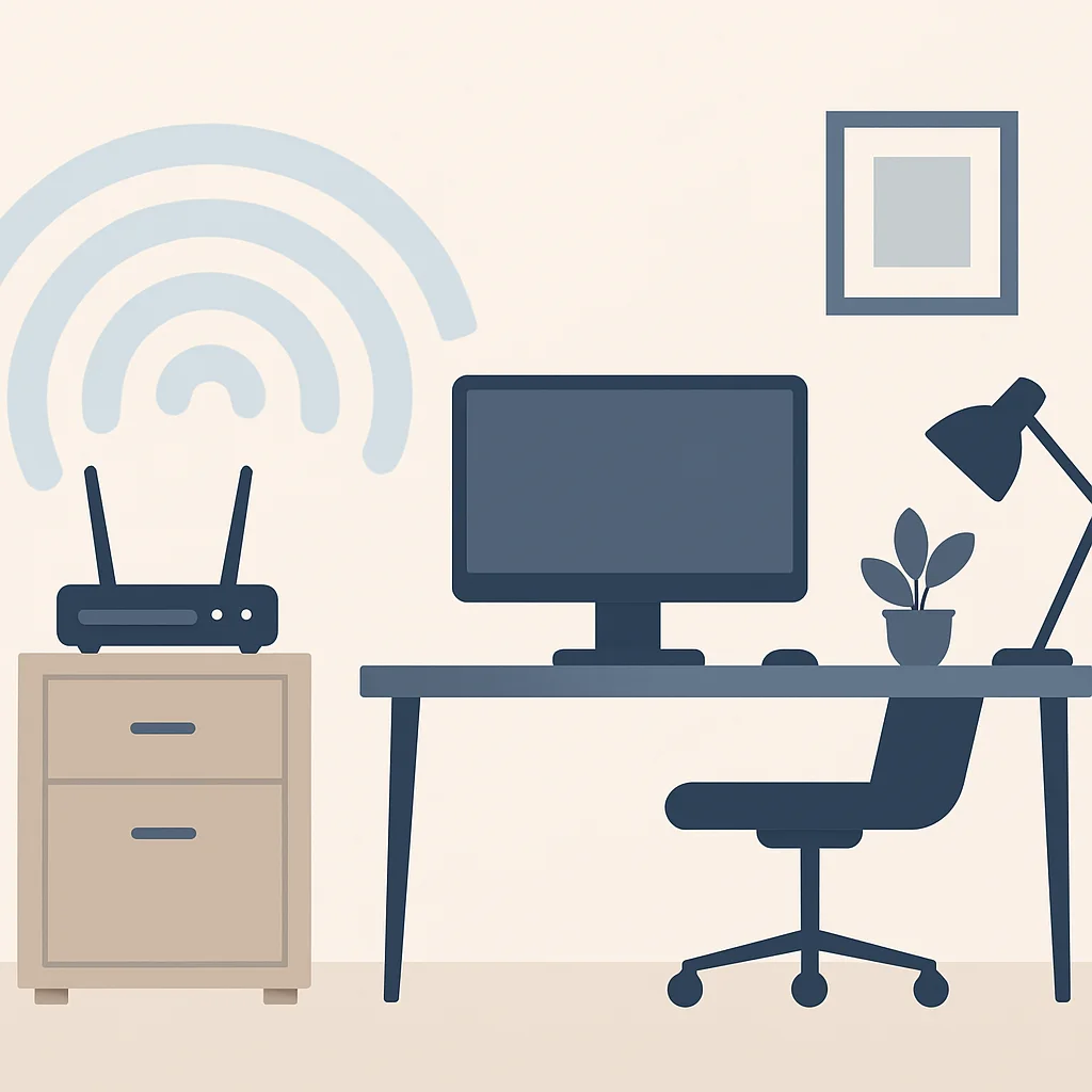 Ev ofisinde router yerleşimini ve Wi-Fi kapsama alanını gösteren diyagram