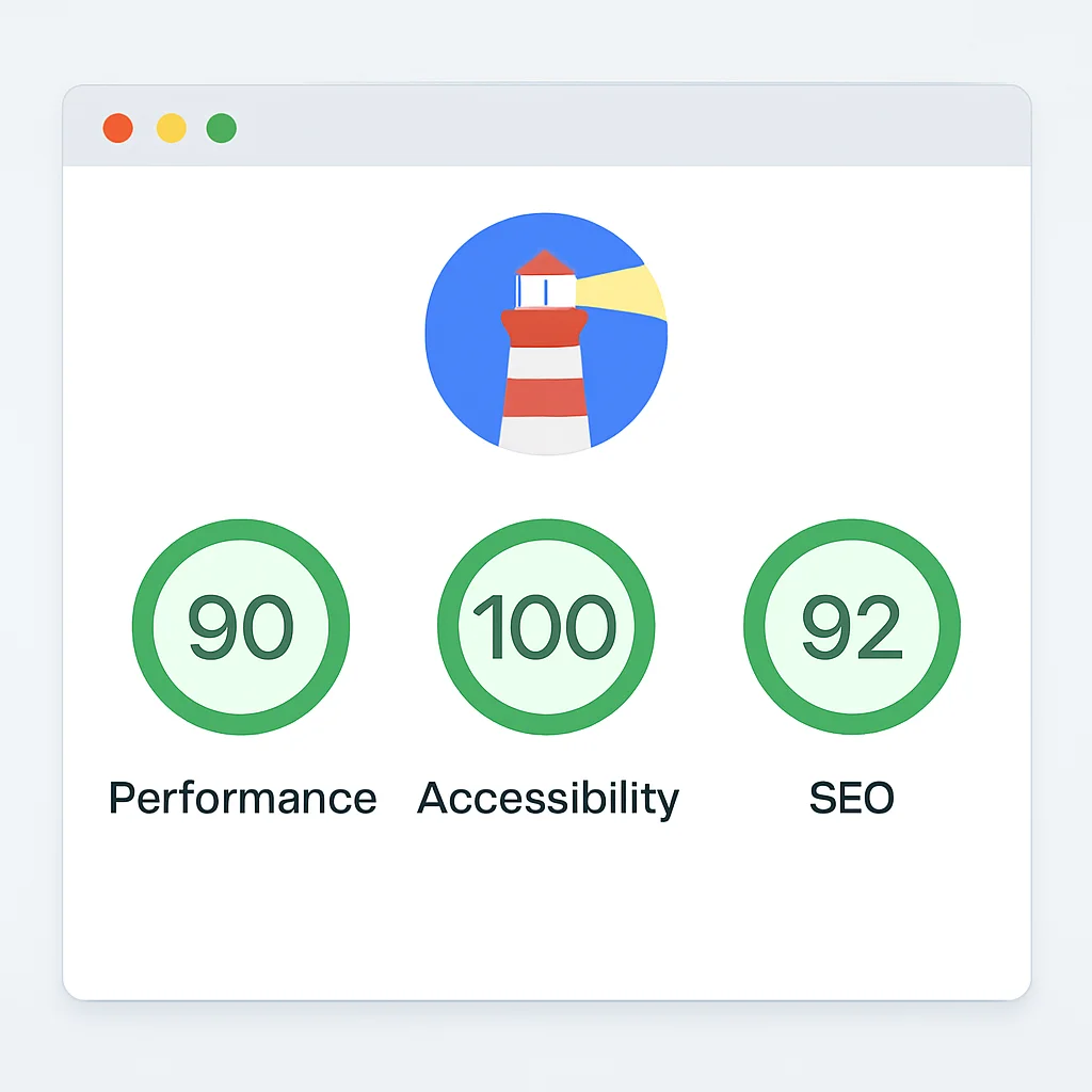 Lighthouse denetim raporu performans, erişilebilirlik, SEO puanlarını gösteriyor