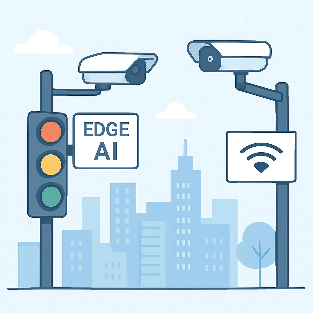 Edge AI destekli trafik ışıkları ve güvenlik kameraları içeren akıllı şehir altyapısı