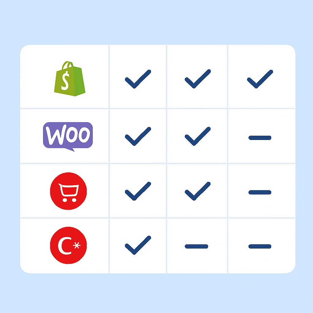 Shopify, WooCommerce ve yerel Türk seçenekleri gibi farklı e-ticaret platformlarının karşılaştırma tablosu