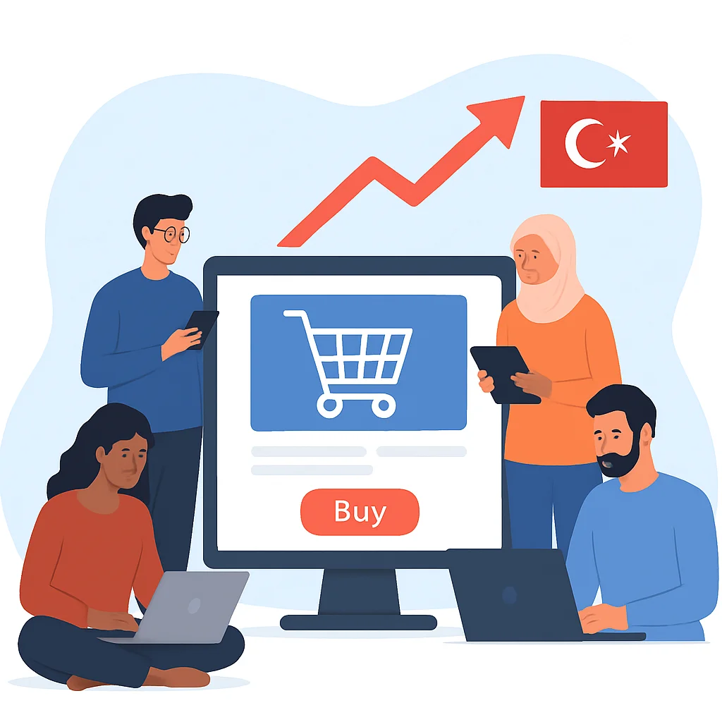 2026 Türkiye'de e-ticaretin büyümesini gösteren çeşitli cihazlarda online alışveriş yapan insanlar