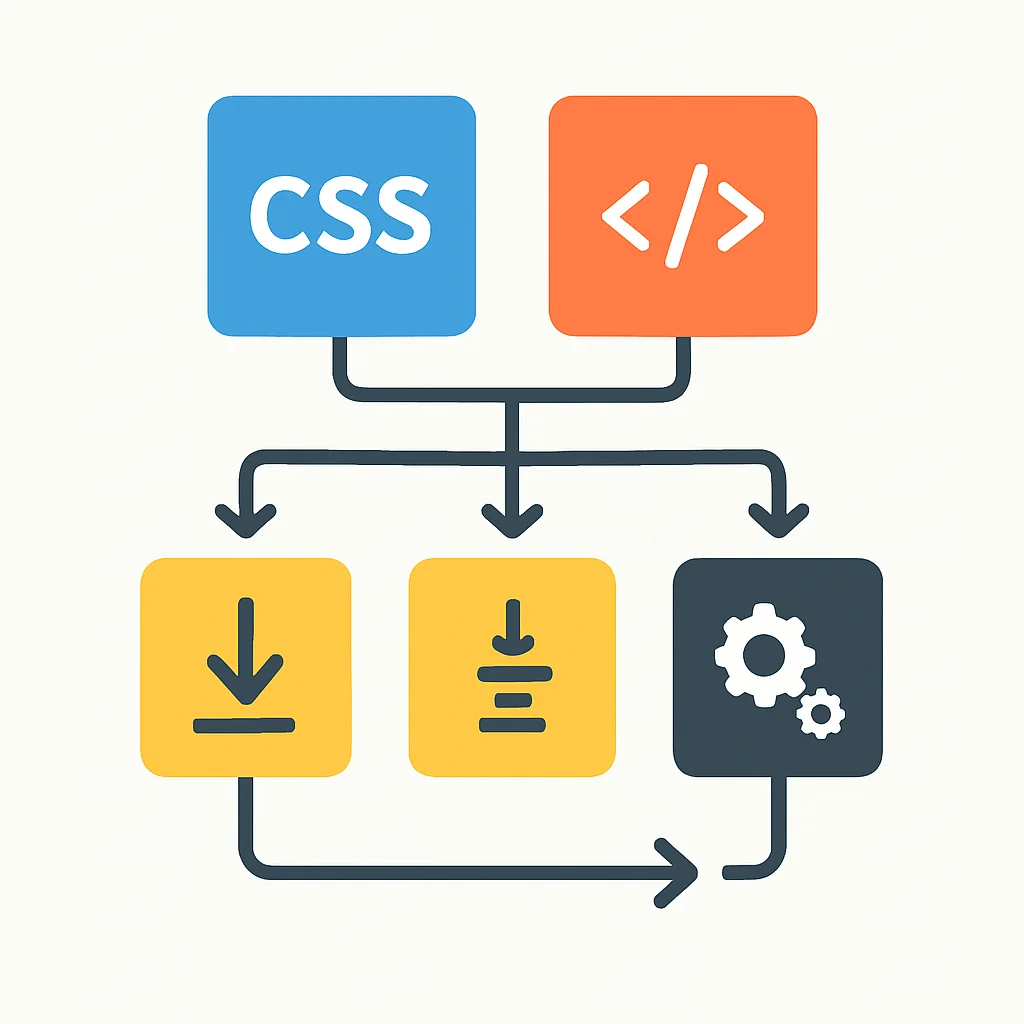 CSS ve JavaScript optimizasyon sürecini gösteren akış şeması, küçültme, sıkıştırma ve asenkron/ertelemeli yükleme dahil