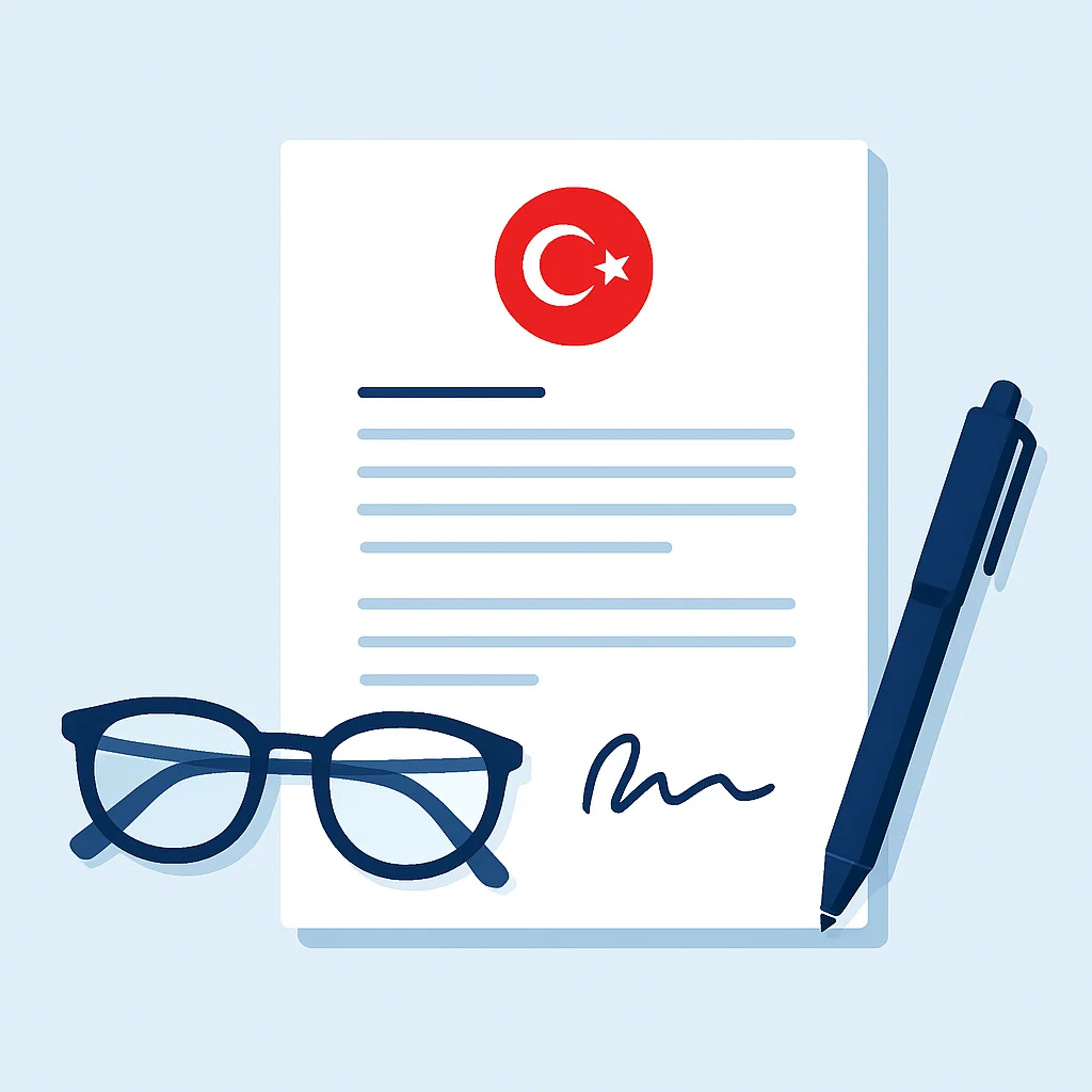 Türkiye'de e-ticaret için yasal ve vergi yükümlülüklerini temsil eden kalem ve gözlüklü bir yasal belge