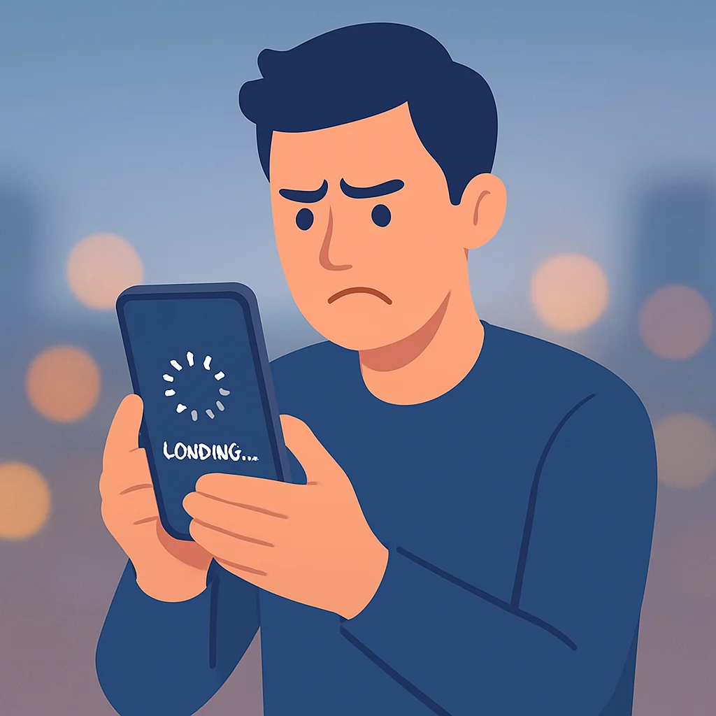 Akıllı telefonda yavaş yüklenen bir web sitesine sinirle bakan bir kişi, şehir ışıkları arka planı