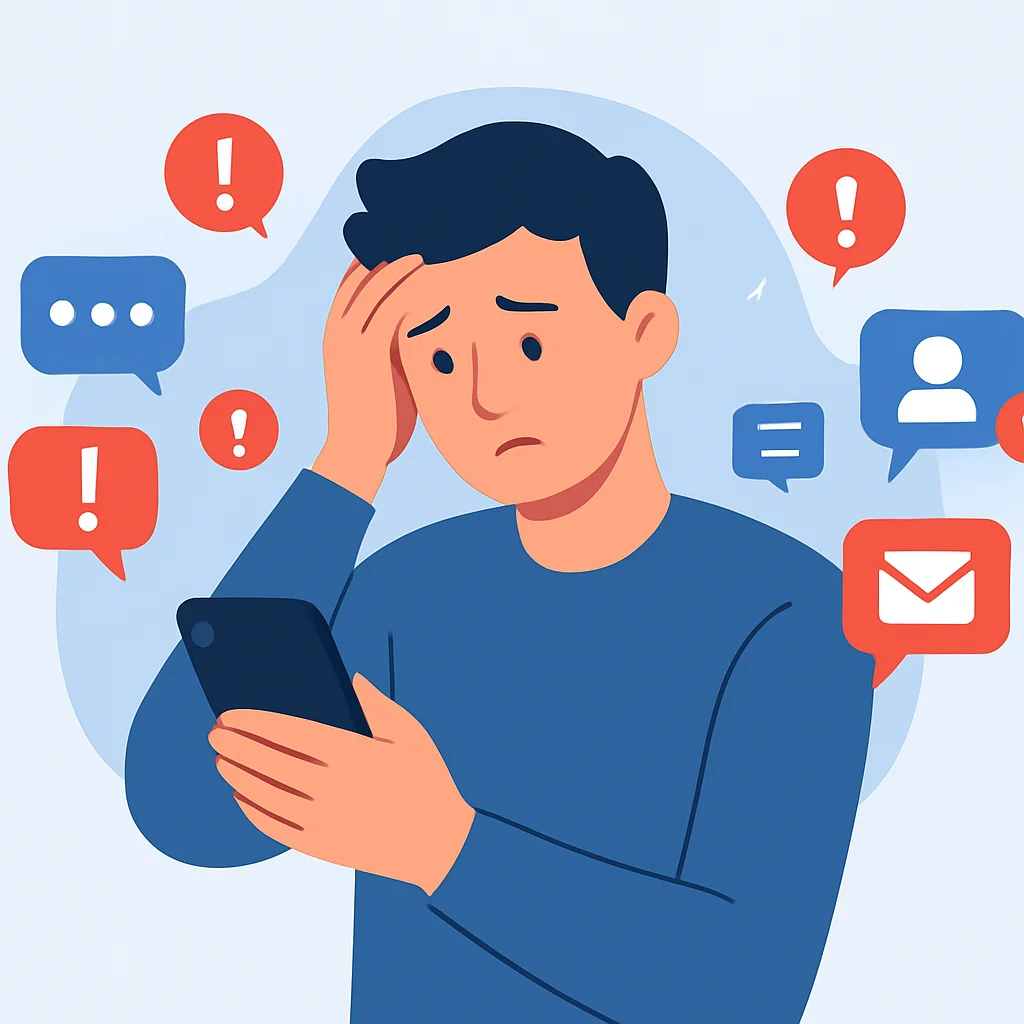Telefonundaki birçok dijital bildirimden bunalmış görünen bir kişi, dijital dikkat dağıtıcıları açıklıyor