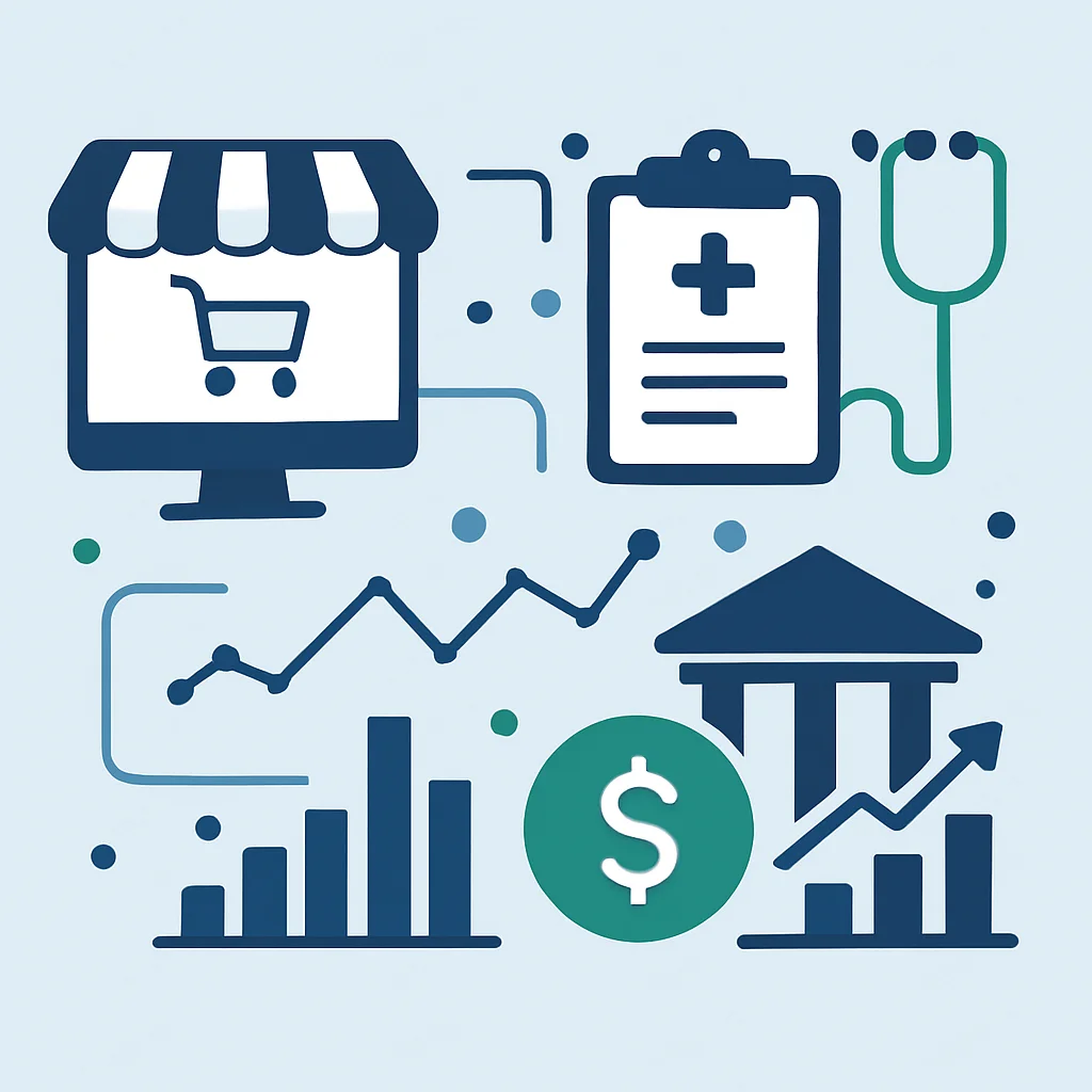 E-ticaret, sağlık, finans gibi çeşitli sektör ikonlarının veri içgörüleriyle birleştiği kolaj