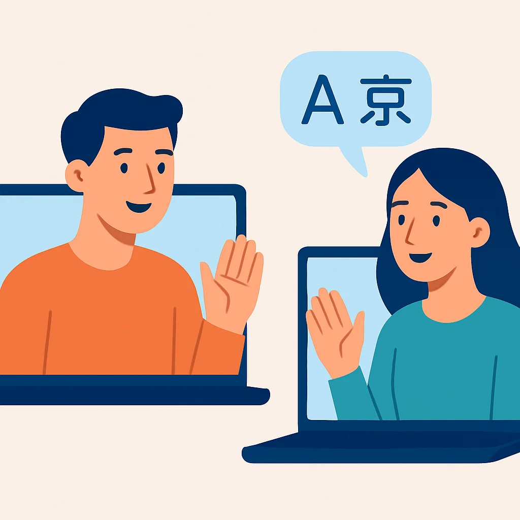 Online dil değişimi yapan, gülümseyen ve konuşan iki kişi video görüşmesinde